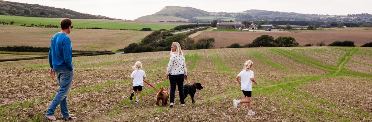 Family walking dogs on the Tapnell Trail